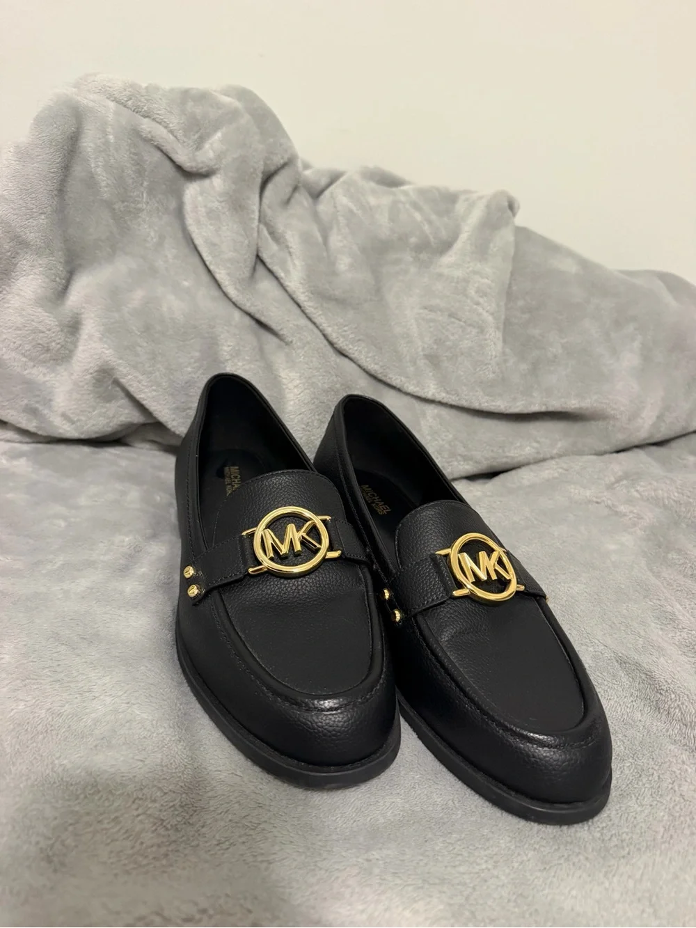 Michael Kors Black Leather Loafers with Gold MK Emblem